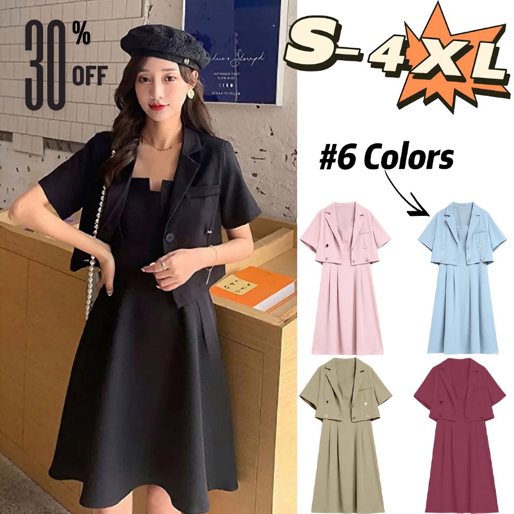[EVIOVIO ] S-4XL ชุดเดรสพลัสไซส์ ชุดเซ็ตสองชิ้น เบลเซอร์ตัวสั้น + เดรสสายเดี่ยว เหมาะสำหรับสาวอ้วน ช่วยพรางหุ่น