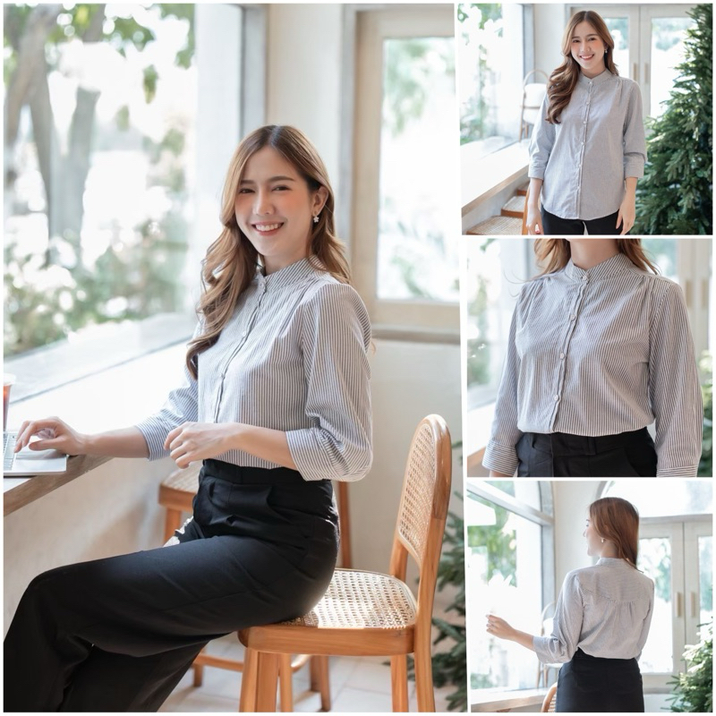 เชิ๊ตคอจีน แขนสี่ส่วน ลายทาง #l154shop_358