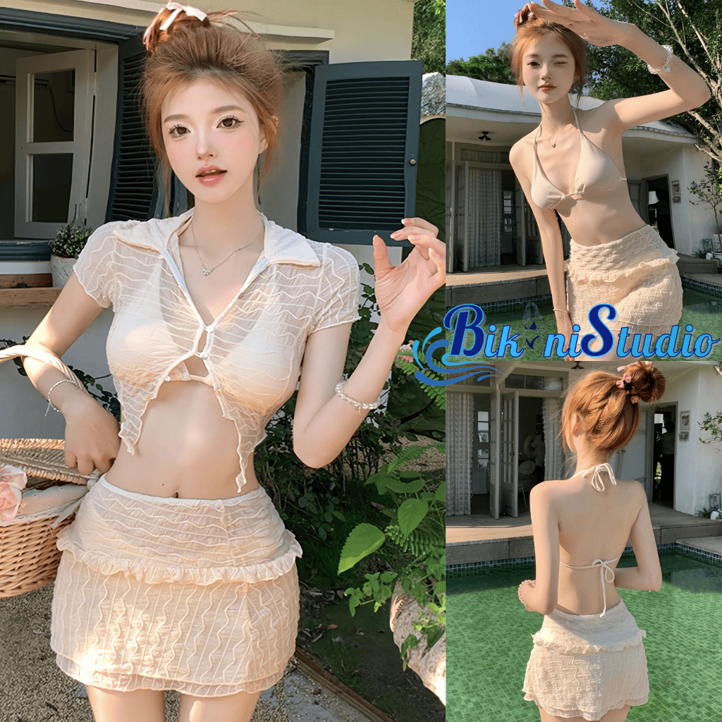 ชุดว่ายน้ำเกาหลี บิกินี่เซ็ท4ชิ้น ชุดใส่ไปทะเล 🥧 กระโปรง+เสื้อคลุมเซ็กซี่น่ารัก
