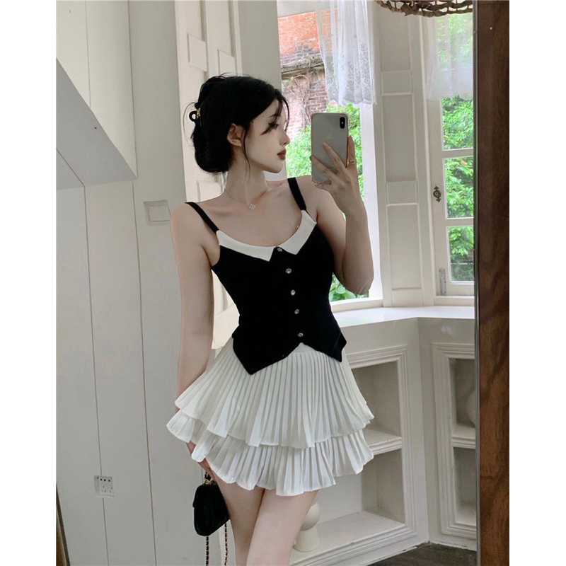 Rosie พร้อมส่ง🌈เสื้อเซ็ท2ชิ้น ชุดเจ้าหญิง🫶🏻ดูแพง ชุดไปทะเล เสื้อสายเดี่ยว+กระโปรงสั้น ทรงไฮโซ น่ารักเซ็กซี่เบาๆ สำหรับผู