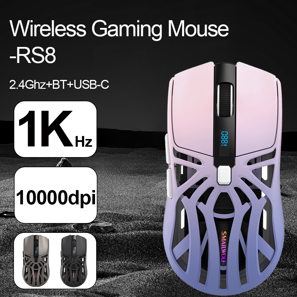 SMAILWOLF-RS8 เมาส์เกมมิ่งไร้สาย 73g Tri-mode Wireless Gmaing Mouse 1000Hz 2.4Gh+BT Battery display 