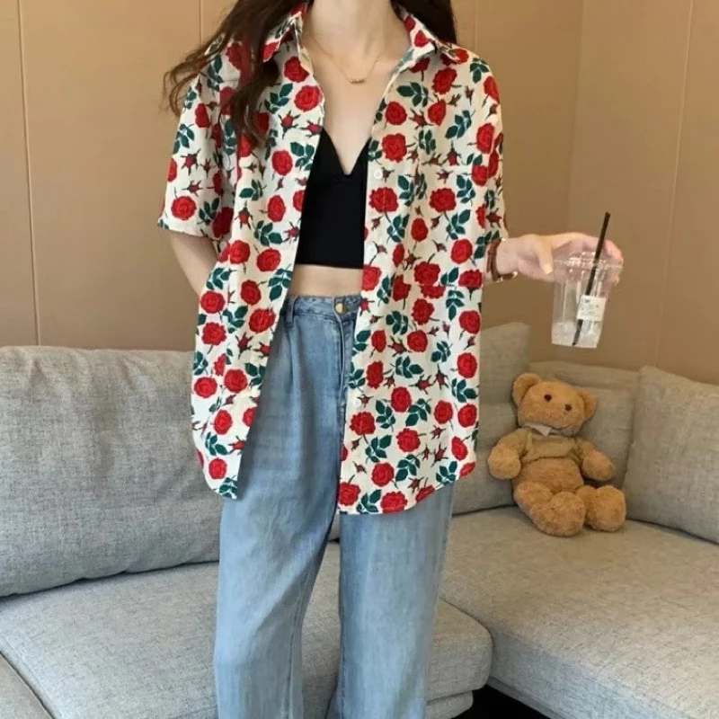 เสื้อเชิ้ตฮาวายแขนสั้นลายดอกกุหลาบ สไตล์เกาหลี
