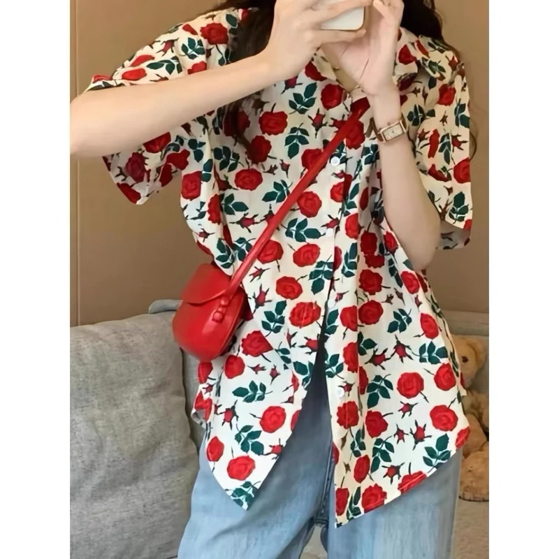 เสื้อเชิ้ตฮาวายแขนสั้นลายดอกกุหลาบ สไตล์เกาหลี thumbnail 7