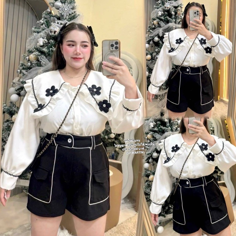 🪼เสื้อแขนยาวคอปกแต่งดอกไม้#สาวอวบ#เฉพาะเสื้อ