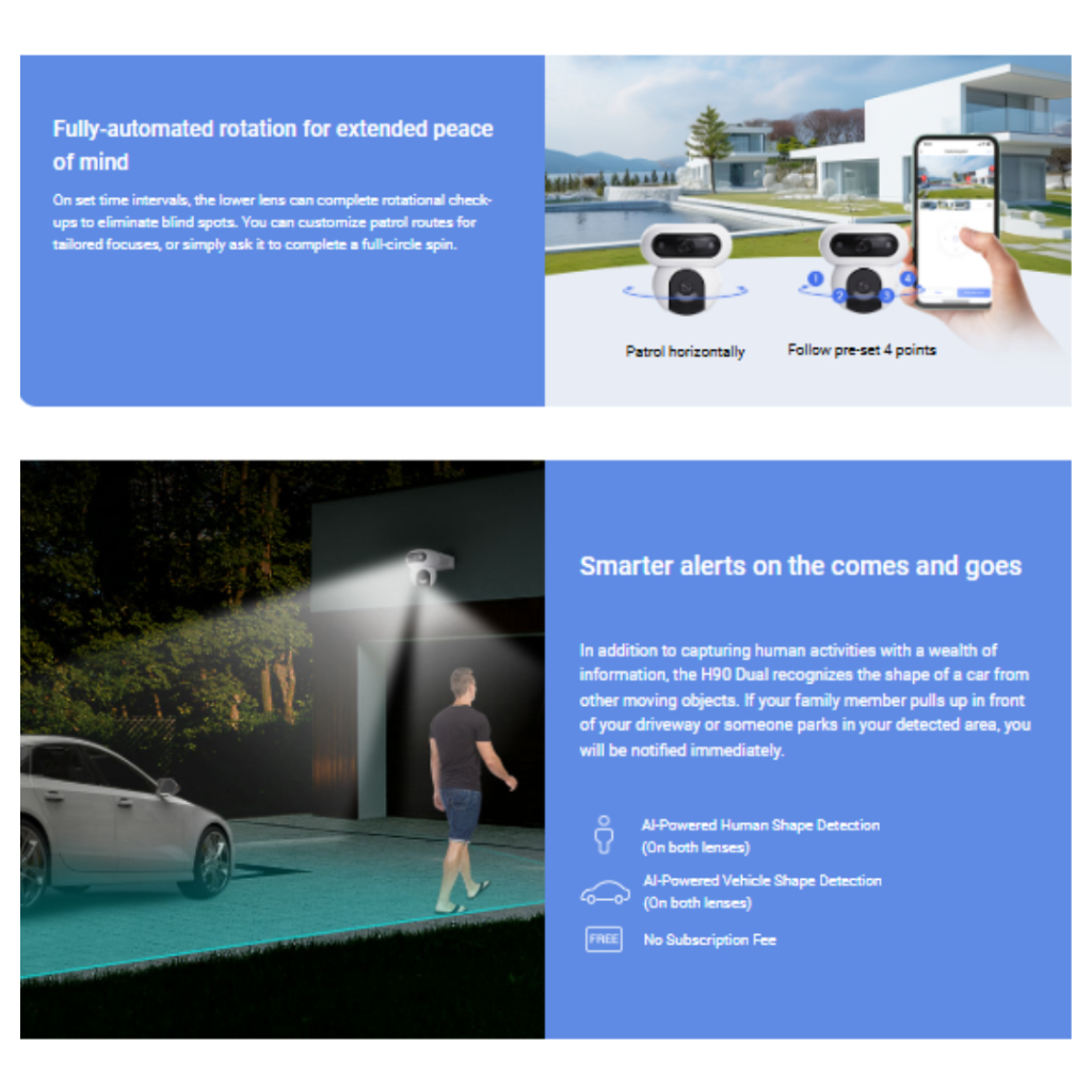 Ezviz H90 Dual 2K+ & 2K+ Dual Lenses การหมุนแบบคู่เพื่อการมองเห็นที่ยืดหยุ่นเป็นพิเศษ การป้องกันเชิงรุกด้วยไซเรนและไฟแฟล - รูปที่ 2