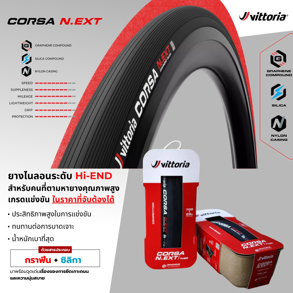 รุ่นใหม่ล่าสุด Vittoria CORSA N.EXT ยางงัด เสือหมอบ ขอบพับ ขนาด 700c สีดำ โครงสร้างไนลอน 3 ชั้น