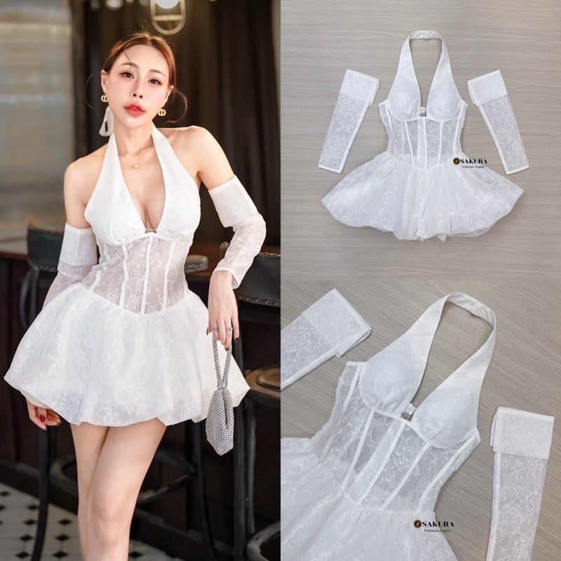 Minidress คล้องคอผ้าแก้วลายลูกไม้สีขาวแซ่บมาก