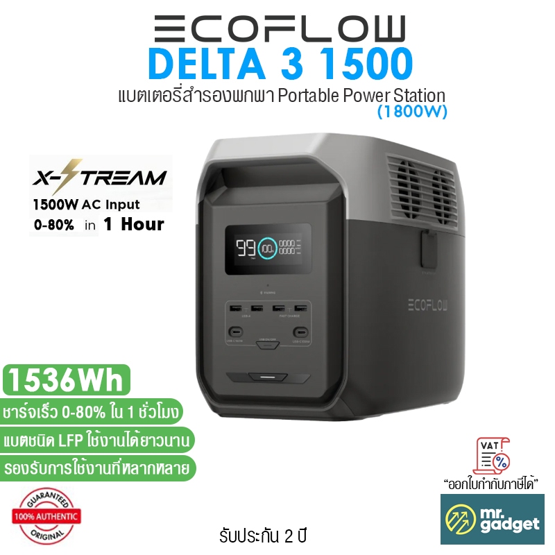 EcoFlow Delta 3 1500 แบตเตอรี่สำรองพกพา 1536Wh Portable Power Station 1800W