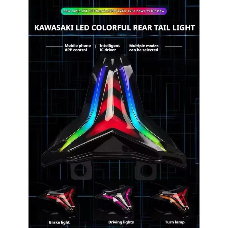 ไฟท้ายแต่งZX10R Ninja400  Z400  ZX25R  ZX4R  ZX6R  ZX10R  Z1000 RGB เปลี่ยนไฟได้ผ่านแอพ ไฟมีหลายสเต็