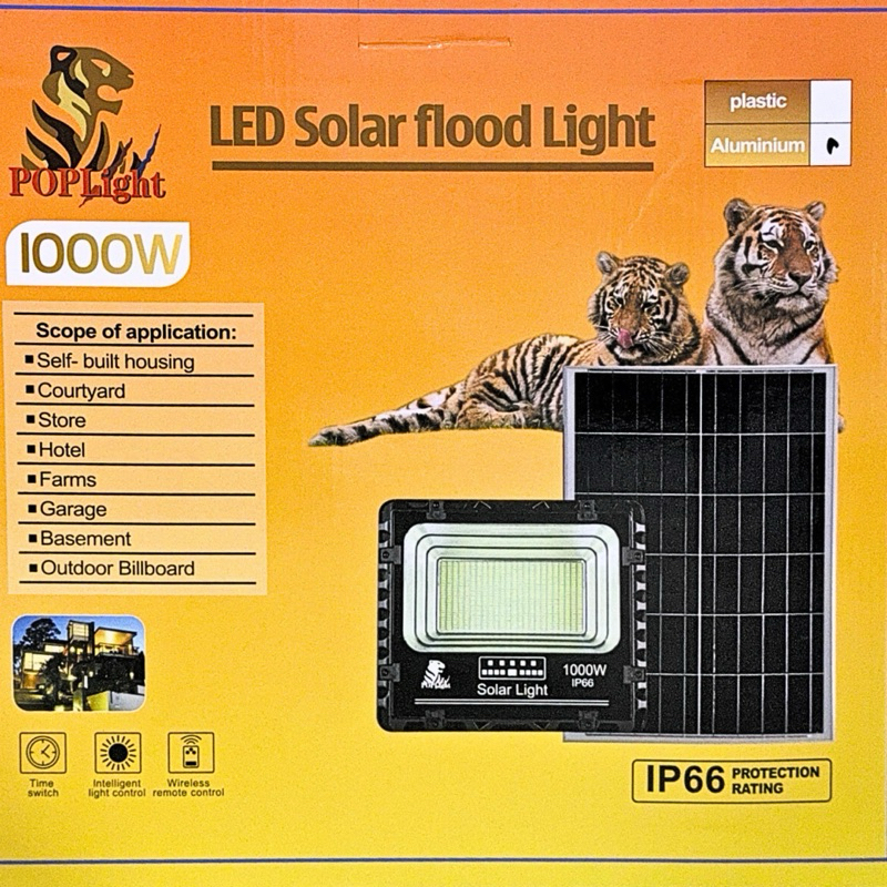 ไฟสปอร์ตไลท์โซล่าร์ ตราเสือPOPLIGHT รุ่นใหม่ ชาร์จไว วัสดุอลูมิเนียม กันน้ำIP66 60W 100W 200W 300W 5