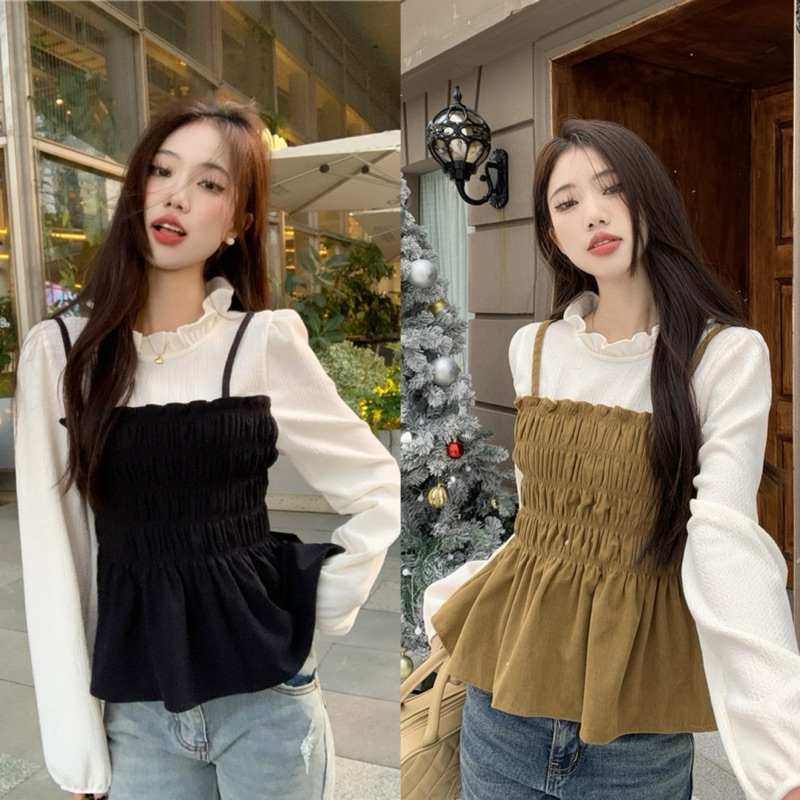 (T578) 𝑬𝒍𝒍𝒚 𝑻𝒐𝒑 เสื้อแขนยาวสีครีม ช่วงตัวแต่งด้วยผ้าสม็อกทรงสายเดี่ยว สไตล์เกาหลี ขนาดฟรีไซส์ ~ พร้อมส่ง 2 สี