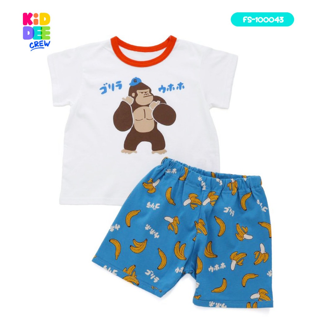 KiddeeCrew ชุดเซ็ทเด็กแขนขาสั้น ผ้าcotton เสื้อขาวลายลิง กางเกงฟ้าลายกล้วย เหมาะอายุ 1 ปีถึง 12 ปี