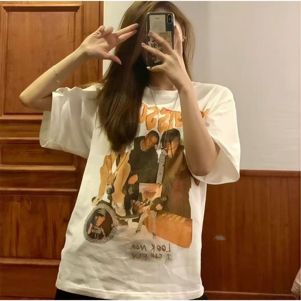 aililai1688 เสื้อยืดแขนสั้น คอกลม ผู้หญิง ลายสกรีนผู้คน สุดเท่ มีสีดำ / สีขาว ไซส์ใหญ่เนื้อผ้ายืดสุด