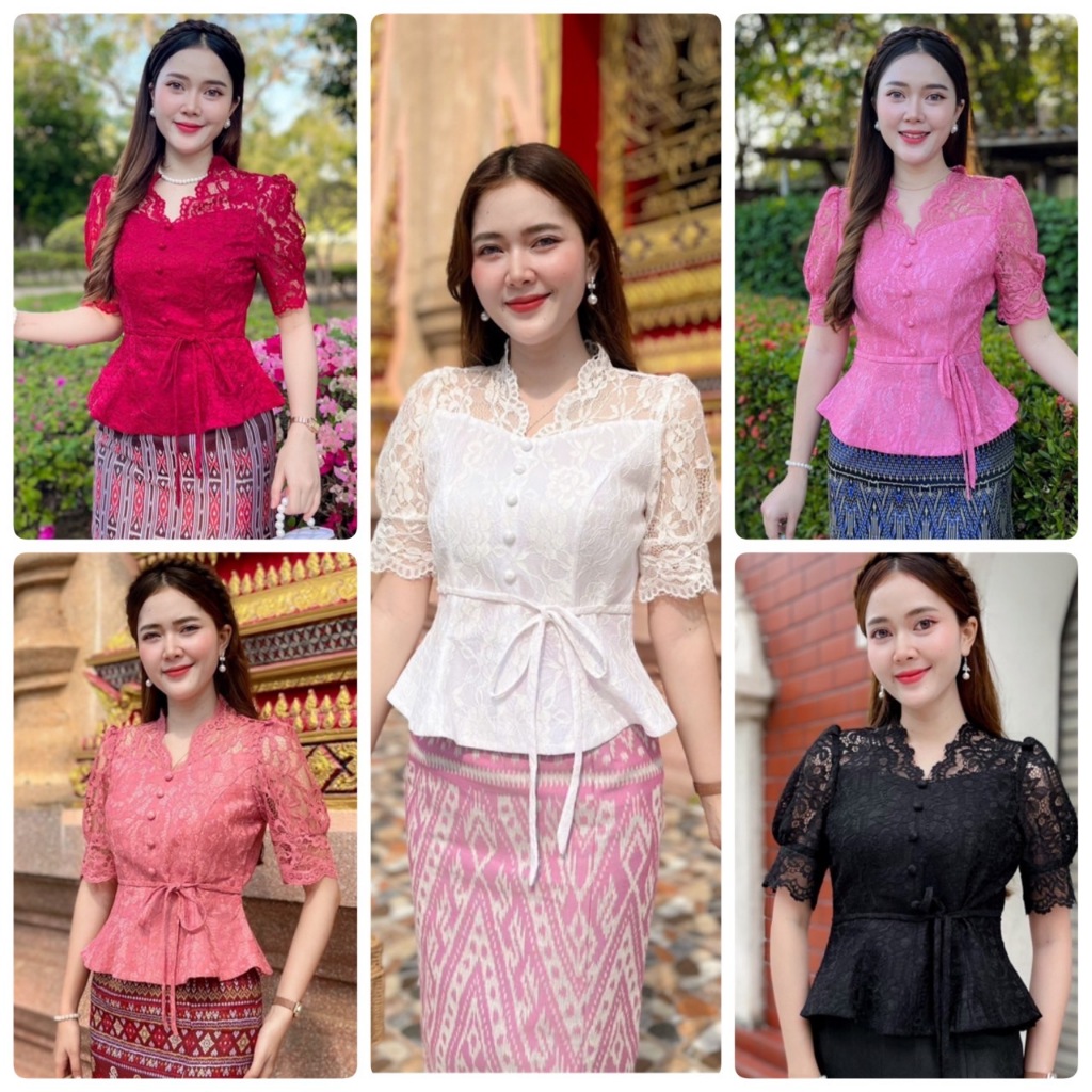 HM - ST  💓💓 เสื้อลูกไม้ สีขาว แขนสั้น น่ารักลูกไม้ฝรั่งเศสอัดกาวระบาย ซิปหลัง แต่งกระดุมมีสี ขาว ชมพู ดำ ม่วง เหลือง ฟ้า