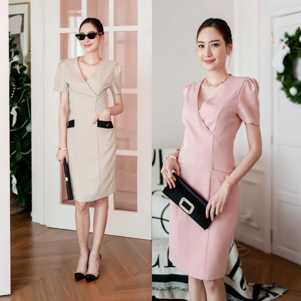 PD314 Pocket Dress เดรสคอวี แต่งกระเป๋า