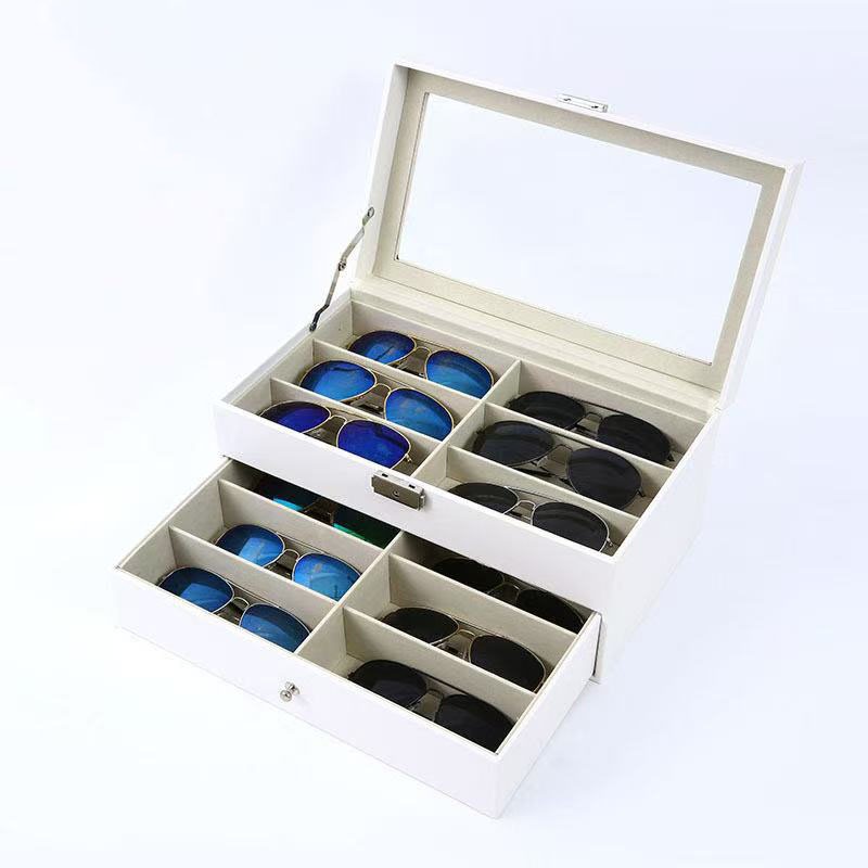 กล่องใส่แว่นตา 12 ช่อง 2ชั้น กล่องแว่นตา กล่องเก็บแว่นตา ที่ใส่แว่นตา PUหนังสีขาว ชั้นวางแว่นตา กล่องของขวัญ