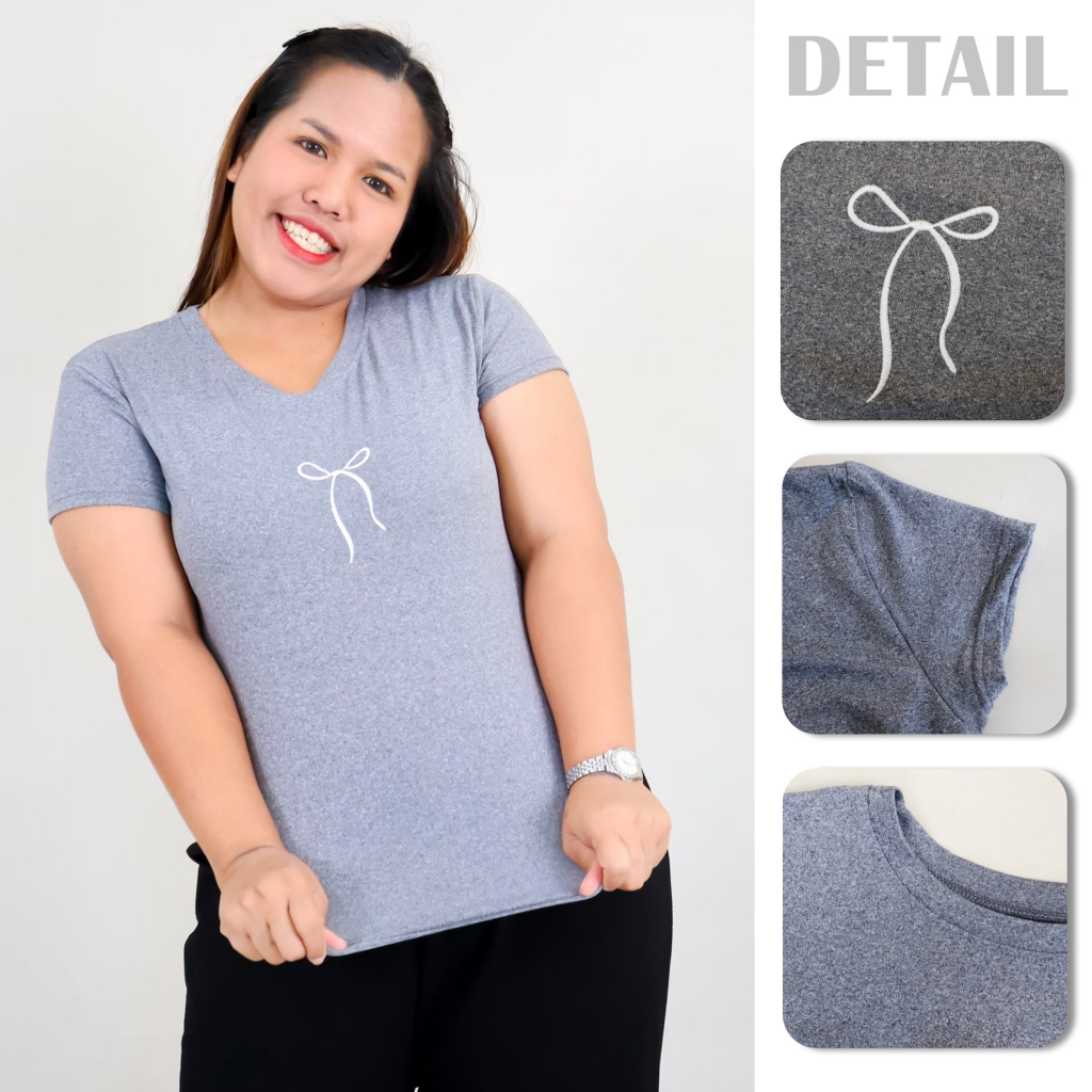 tb4302-2xl# เสื้อยืด ผู้หญิง สาวอวบ คอกลม แขนสั้น เอวจั้ม ปักลายโบว์ ผ้าคอตตอนผสม