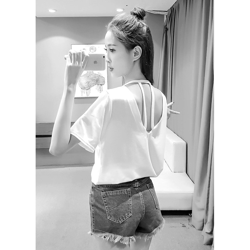 Korean🧧 เสื้อยืดแฟชั่น คอกลมแขนสั้น แต่งผ่าหลัง แต่งสองสาย เซ็กซี่ๆ