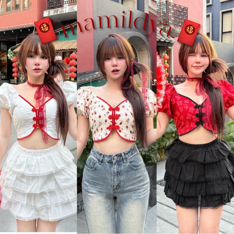 🪭🏮 🌟Mamildya.shop🌟 Chinese New year เสื้อครอปตรุษจีน/M1-5 /NUSA-จีน3 ⚫
