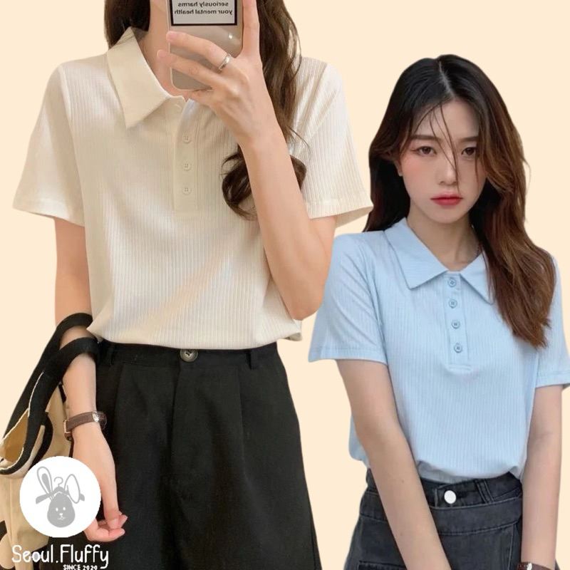 Seoul.Fluffy เสื้อคอปก เสื้อโปโลผู้หญิง แฟชั่นทรงครอป ผ้าร่องบางเบา ใส่สบาย ไม่ร้อน สไตล์เกาหลี