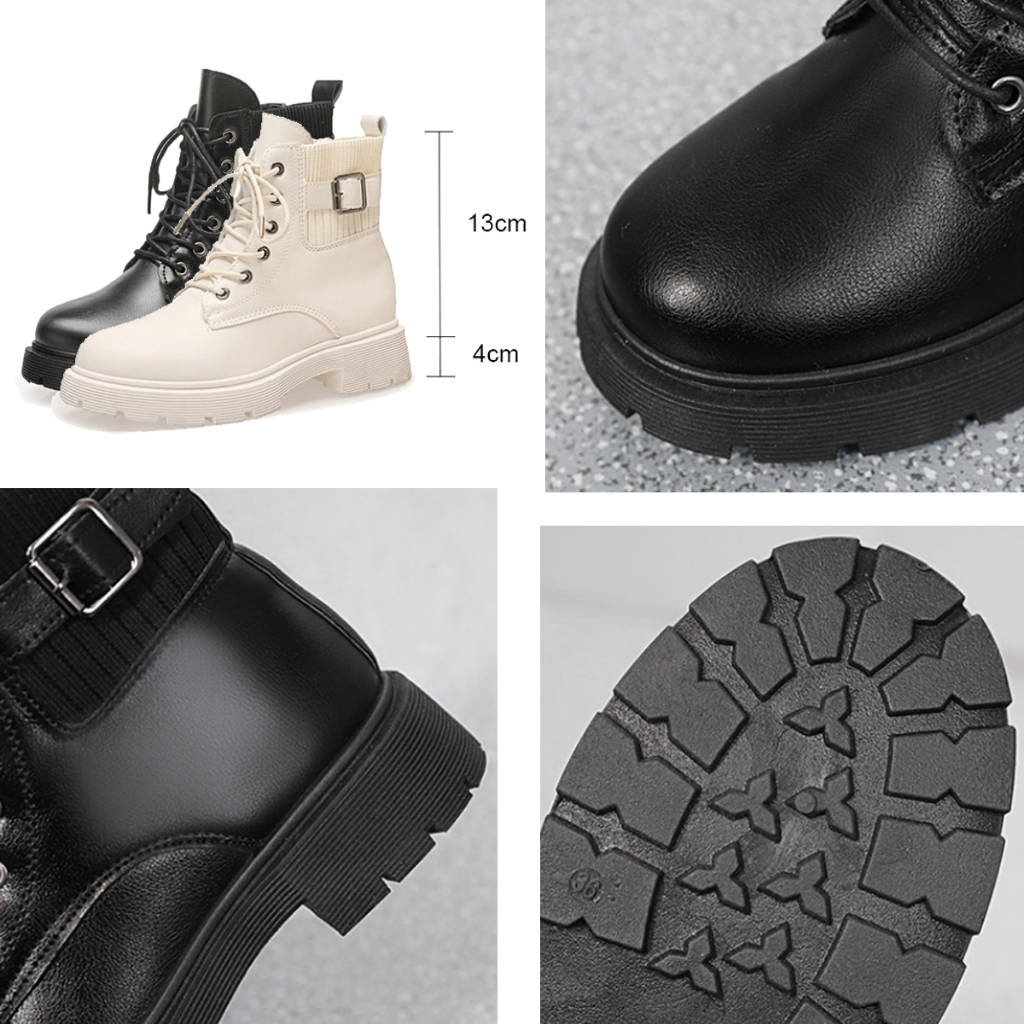 ผูกขึ้น รองเท้ามาร์ตินสไตล์อังกฤษแฟชั่นสีทึบหนา แต่เพียงผู้เดียวรอบหัวซิปด้านข้างรองเท้าสั้น - รูปที่ 2