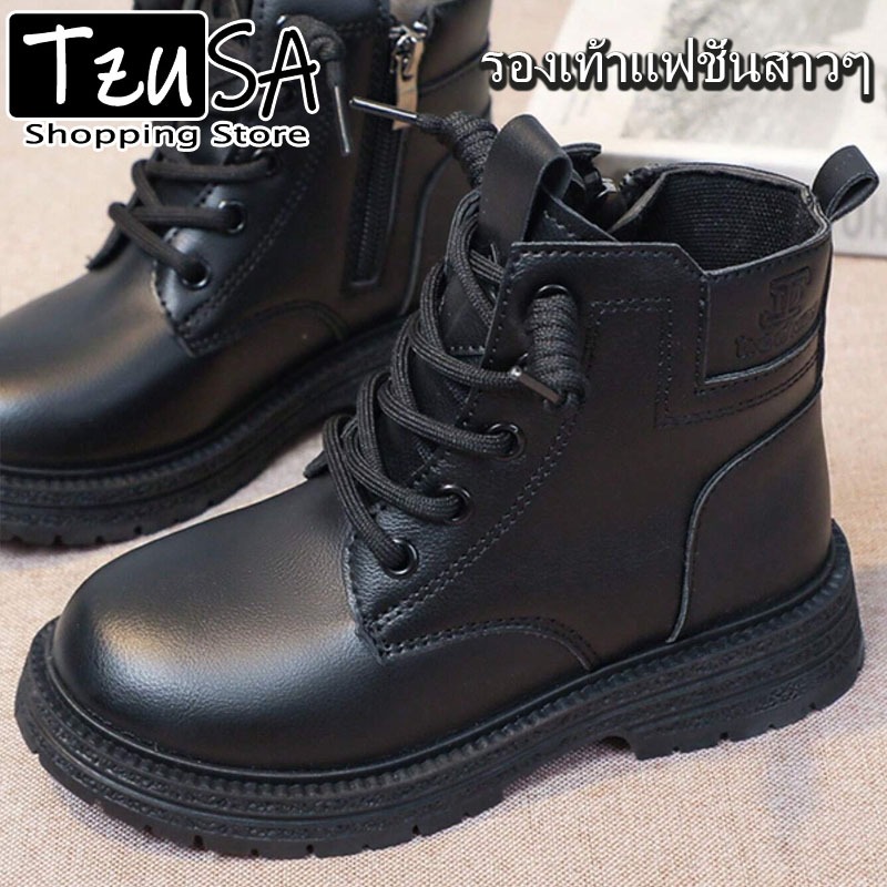 Tzusa เด็กซิปด้านข้างมาร์ตินบู๊ทส์หนังสีดำบู๊ทส์ที่ดีกับ 27-35 หลา บูทยืดด้านข้าง