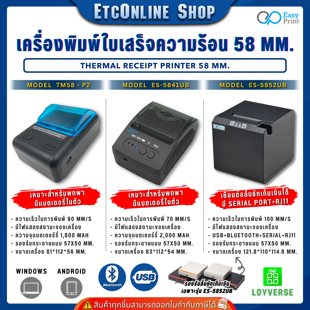 Easyprint เครื่องพิมพ์ใบเสร็จ บลูธูท/usb 58mm TM58-P2/ES-5841/5852UB thermal ไม่ใช้หมึก รองLoyverse