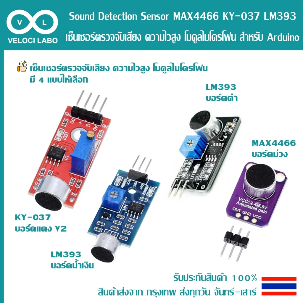 Microphone Sound Detection Sensor MAX4466 KY-037 LM393 เซ็นเซอร์ตรวจจับเสียง ความไวสูง โมดูลไมโครโฟน สำหรับ Arduino