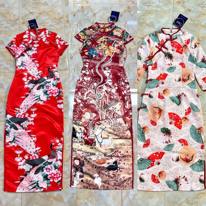 (หน้าผ้าเล็ก 1 นิ้ว ไม่ชอบรัดเพิ่มไซส์) เดรสกี่เพ้า เดรสตรุษจีน สีแดง งานป้าย chalita