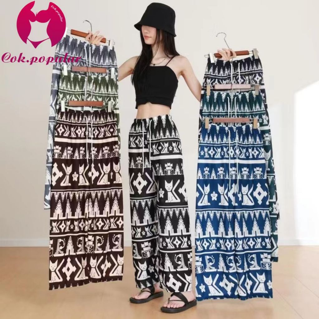 YY53 บางเบา สวมใส่สบาย เสื้อผ้า ผู้หญิง กางเกงขายาว ลายน้องแมว กางเกงลำลองขายาว เอวยางยืด มีเชือกรูด ไม่มีกระเป๋าข้าง