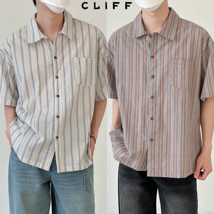 CLIFF เสื้อเชิ้ตผู้ชาย แขนสั้นลายทาง แมทช์ลุคง่าย แบบหลวม แฟชั่น