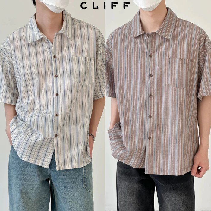 CLIFF เสื้อเชิ้ตผู้ชาย แขนสั้นลายทาง แมทช์ลุคง่าย แบบหลวม แฟชั่น