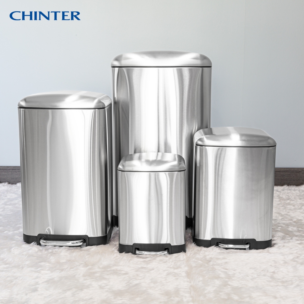 CHINTER F-0336ถังขยะเท้าเหยียบสแตนเลสทรงเหลี่ยม กลม (Soft close) ขนาด6,12,20,40ลิตร สีเงิน ดำแมท ให้เลือก