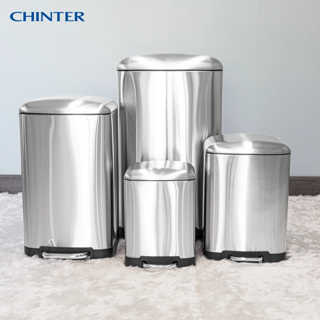 CHINTER F-0336ถังขยะเท้าเหยียบสแตนเลสทรงเหลี่ยม กลม (Soft close) ขนาด6,12,20,40ลิตร สีเงิน ดำแมท ให้เลือก