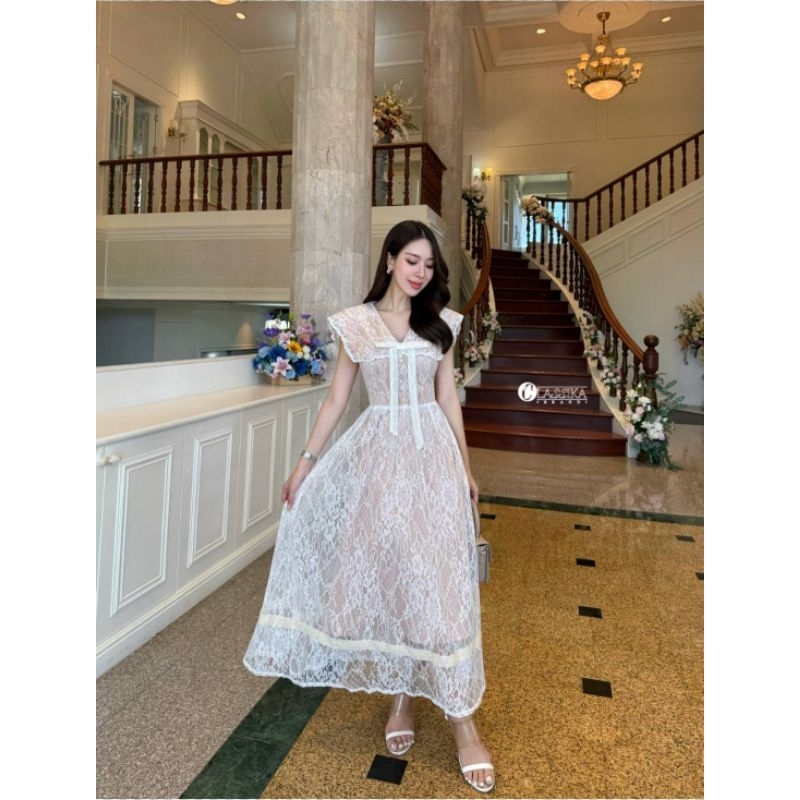 French Korea ชุดเดรสผ้าลูกไม้ญี่ปุ่น คอปกกลาสี ใส่ไปทำบุญ ใส่ออกงาน Classy
