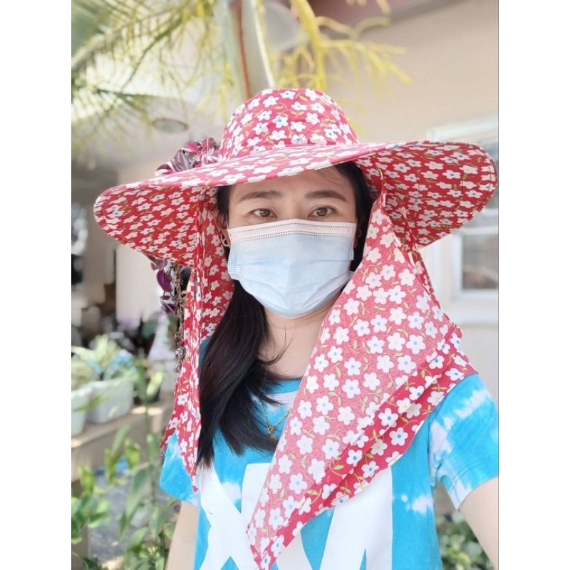 หมวกปีกกว้างใบใหญ่ หมวกกันแดด หมวกผู้หญิง หมวกลายดอกไม้ หมวกปีกกว้าง17นิ้ว