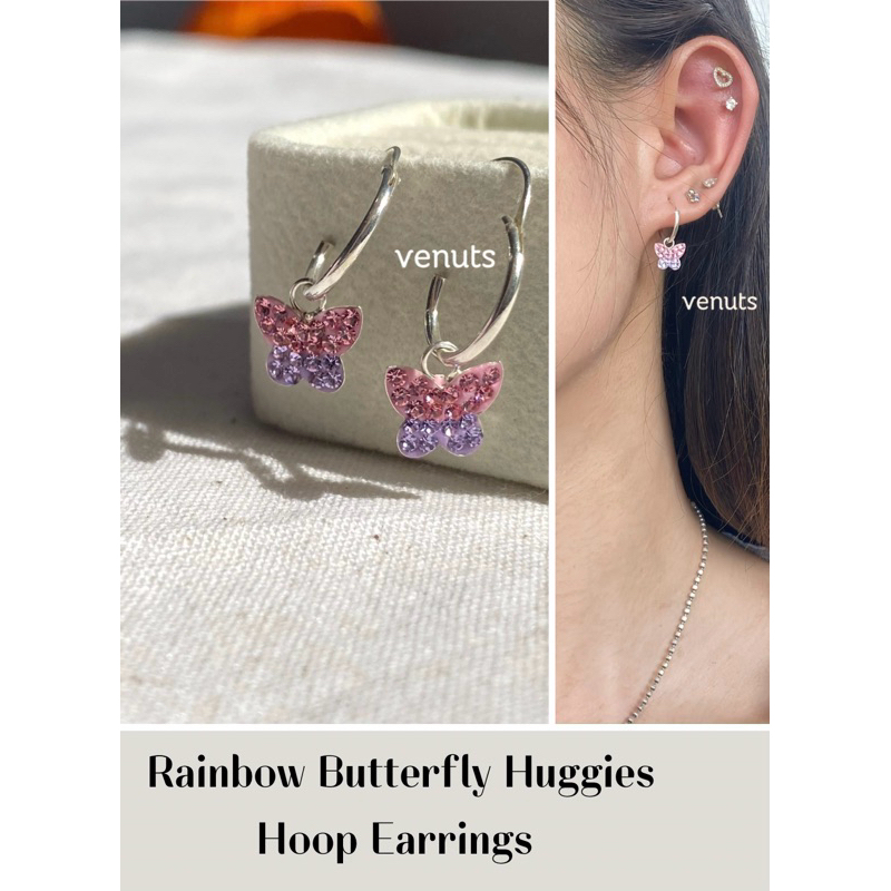 ต่างหูเงิน 925 Rainbow butterfly huggies hoop earrings 12mm