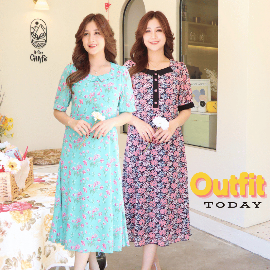 ชุดเดรสสาวอวบ คอพับ มีไซส์รอบอก 38,40,42,44,46 นิ้ว ผลิตจากผ้าชีฟองเนื้อทราย brand bluecherry