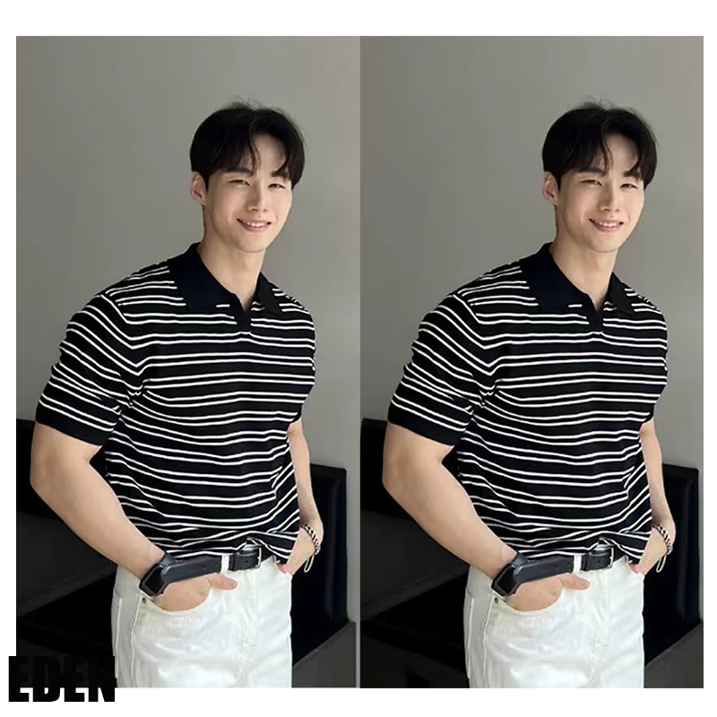 พร้อมส่ง COD เสื้อโปโลลายทางถักผู้ชาย ทรงสลิมพอดีแบบหลวม