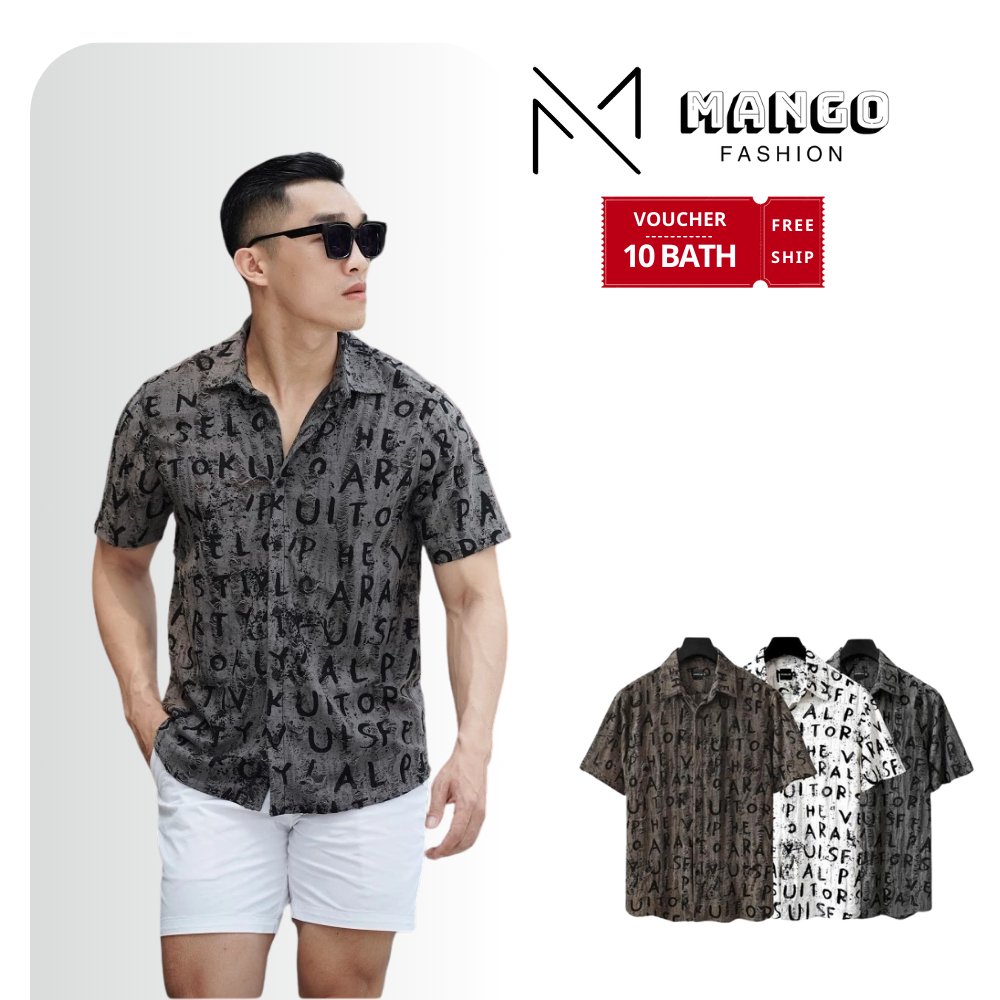 WS24-เสื้อเชิ้ตแขนสั้นผ้าคอตตอนเกรดพรีเมียมพิมพ์ลายตัวอักษรสไตล์แฟชั่น
