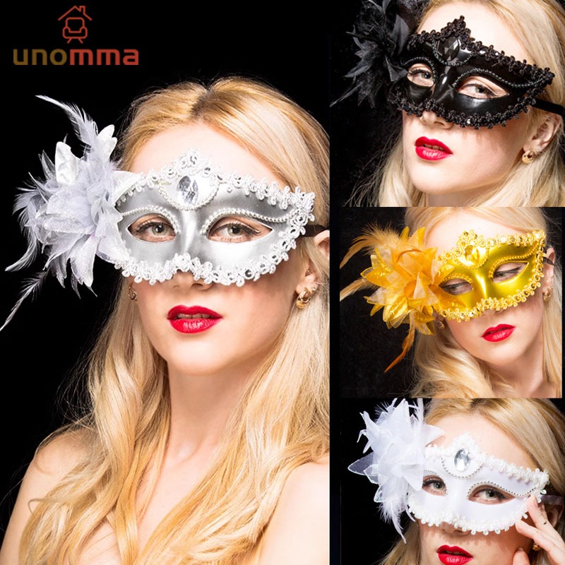 หน้ากากแฟนซี ขอบลูกไม้ หน้ากาก รูปขนนก ดอกไม้ ประดับเพชร  สําหรับเต้นรํา ปาร์ตี้ งานแต่งงาน unomma
