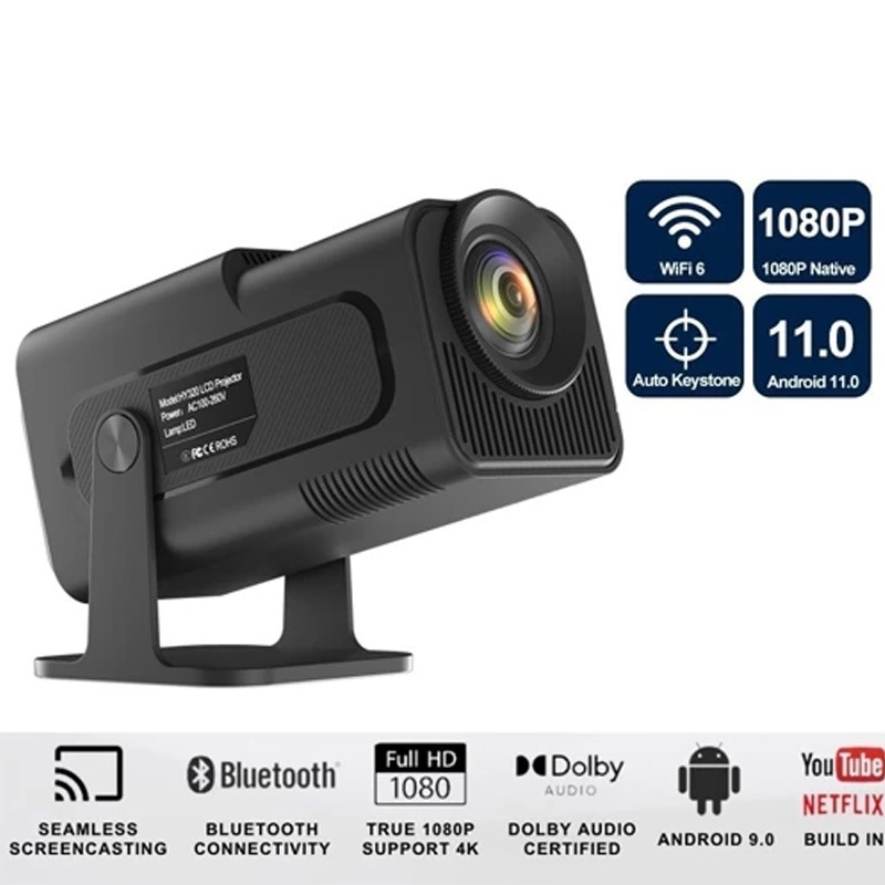 เครื่องฉายภาพระยะสั้น HY320 mini projector 1080P 4K WiFi และ Bluetooth โปรเจ็กเตอร์พกพาแบบขาตั้งปรับ