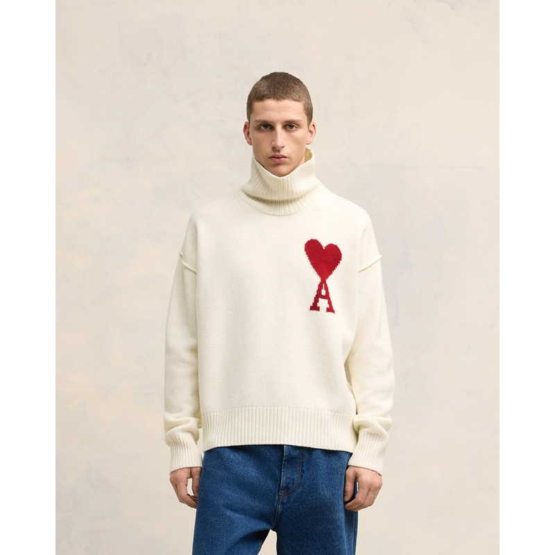 [ของแท้ 100%] Ami WHITE WOOL AMI DE COEUR SWEATER