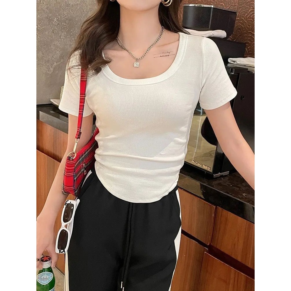 AVONE เสื้อยืดคอกว้าง ตัวสั้น แขนสั้น ลายยืดเนื้อนุ่ม Clothing N151