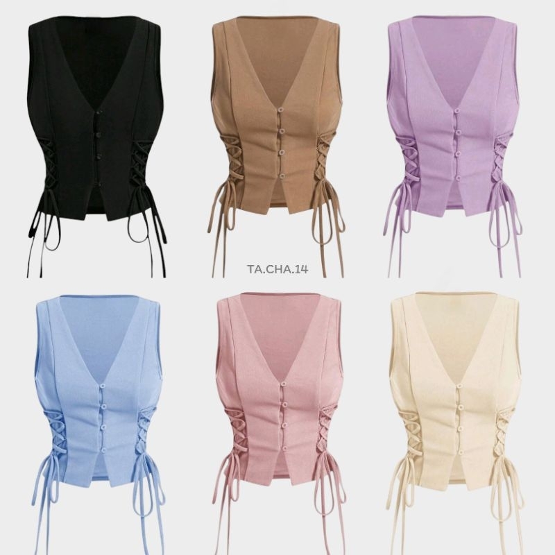 เสื้อกล้าม คอวี​ สายผูกด้านข้าง​ แต่งกระดุม​ด้านหน้า​ สไตล์​วินเทจ​ (มี​หลา​ยสี)​ I​ พรี​ออเดอร์​