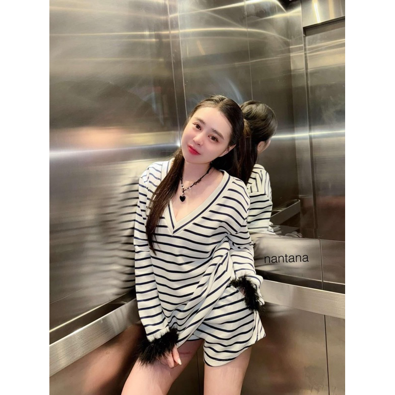 ↬ 𝑵𝒆𝒘 𝒄𝒐𝒍𝒍𝒆𝒄𝒕𝒊𝒐𝒏 ̆̈ nantana Set ชิวผ้าถักแต่งขนมิ้ง สาวติดแกรมห้ามพลาดน๊าเซทนี้ เซทแขนยาวขาสั้นลายริ้ว