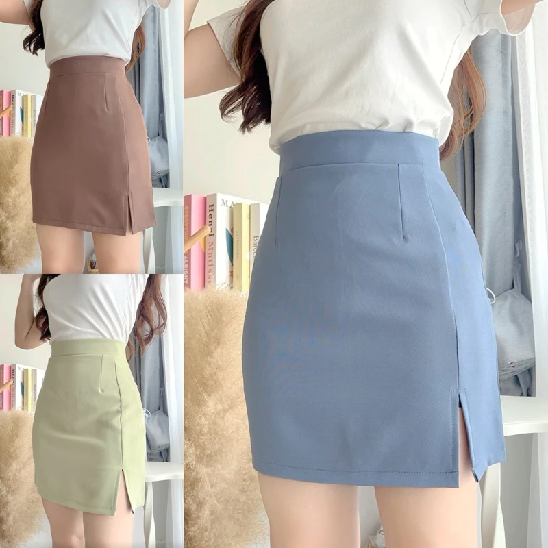 กระโปรงทรงเอเอวสูงผ่าหน้า ยาว 17-18 นิ้ว xs-xxl (ไม่มีซับใน)