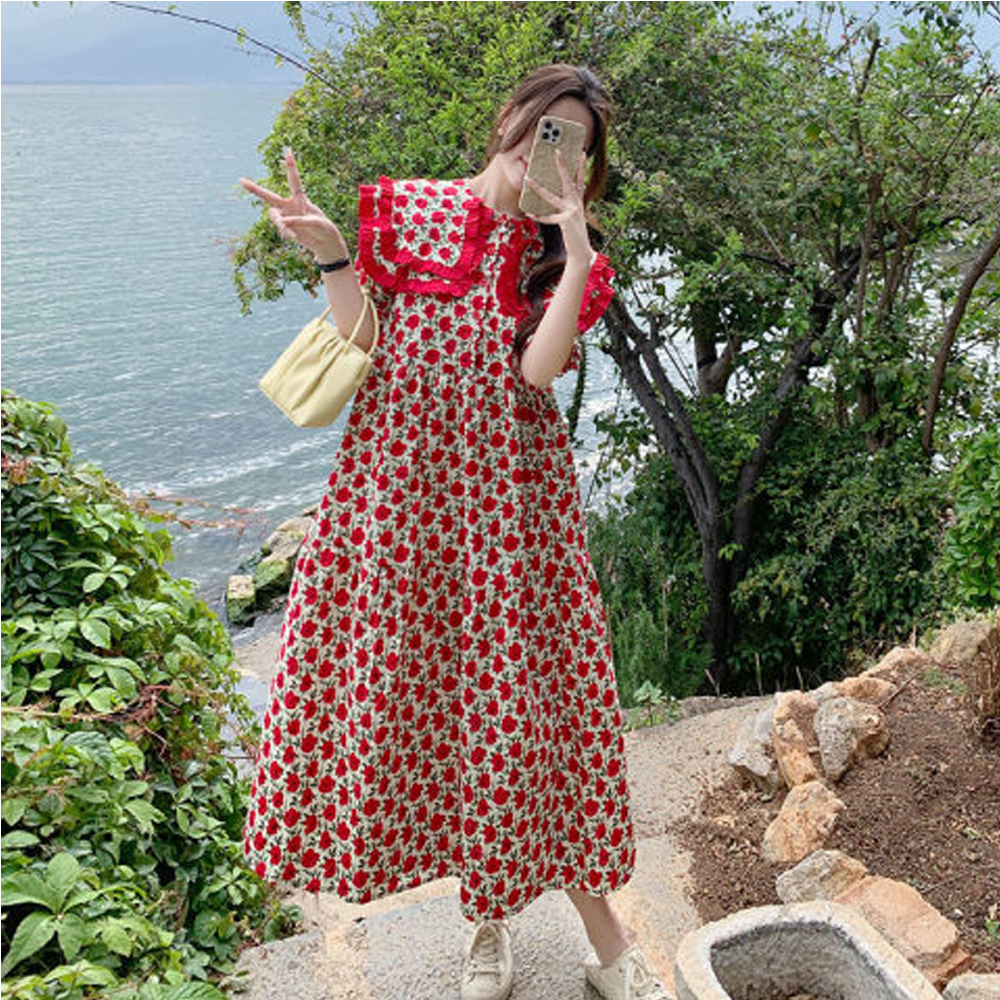 SL 502 (ยาว46 นิ้ว ) ไม่มีซับใน   ไม่มีเชือกผูกเอว  ชุดคลุมท้องแฟชั่นเกาหลี สีแดงคอปกระบาย  ลายกุหลา