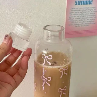 แก้วน้ำ แก้วกาแฟ 500ml ขวดน้ำ กระบอกน้ำ ลายโบว์สีชมพู น่ารัก ผู้หญิง มินิมอล ใส่ได้ทั้งร้อนและเย็น พร้อมส่ง