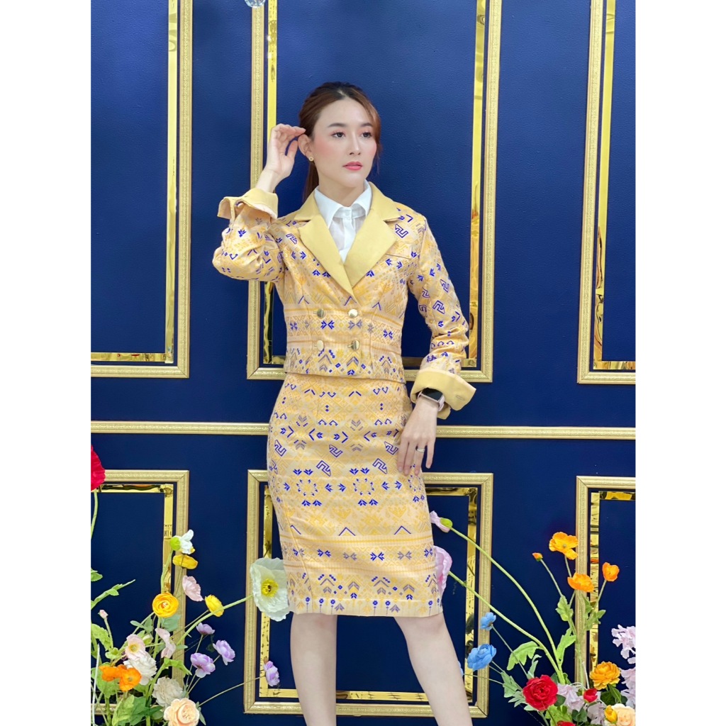 เสื้อคลุมผ้าไทย เสื้อสูท เบลเซอร์ (เฉพาะเสื้อ) ผ้าไหมแกมฝ้าย สีเหลือง อัดกาวทั้งตัว